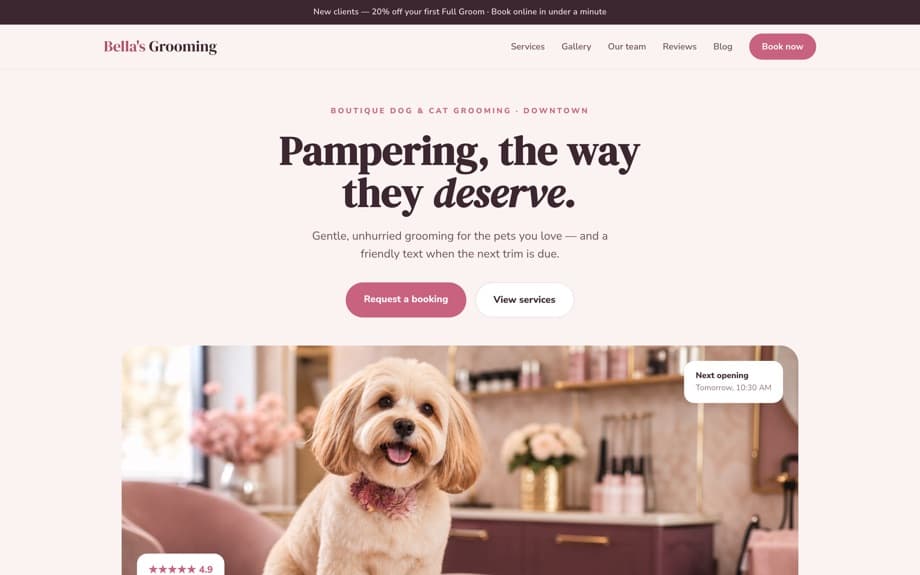 The Bella's Grooming storefront showing services, pricing and an online booking button