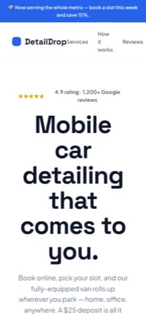 The DetailDrop storefront on a phone, offering online booking, a choice of slot and a $25 deposit to reserve it