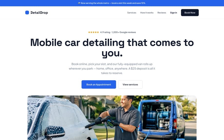The DetailDrop storefront showing detailing packages, prices and an online booking button